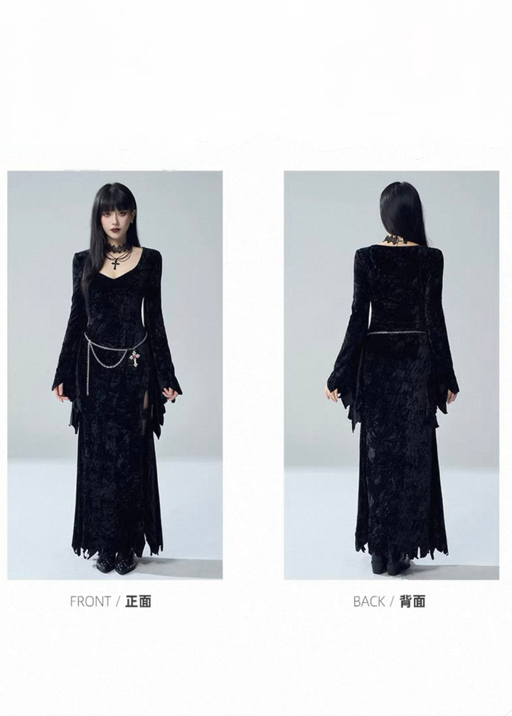 VELVET BELL SLEEVE SLIT LONG DRESS / LG1730