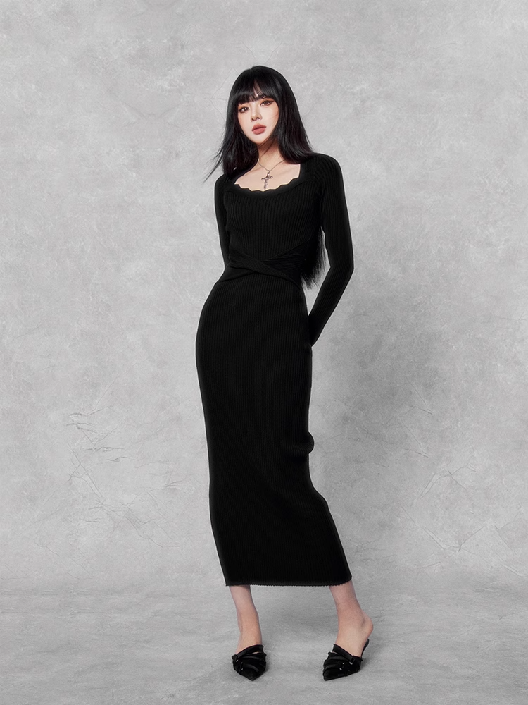 slim rib knit dress/vo1110