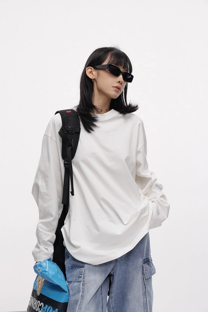 White line loose long sleeve T-shirt / AS1112