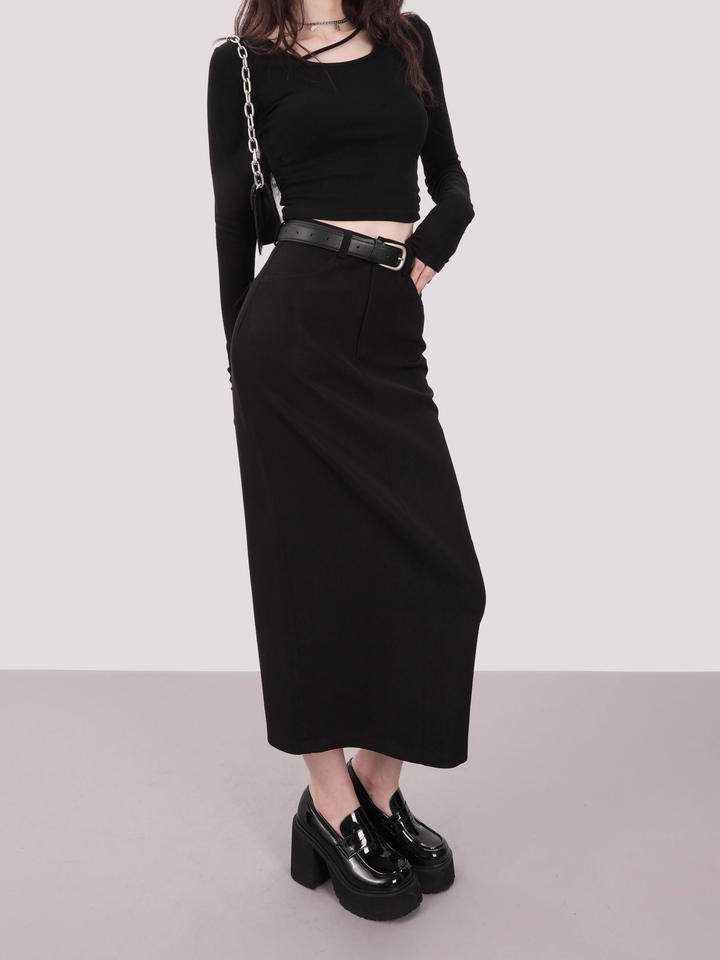 high waist one stop long skirt/mu1107