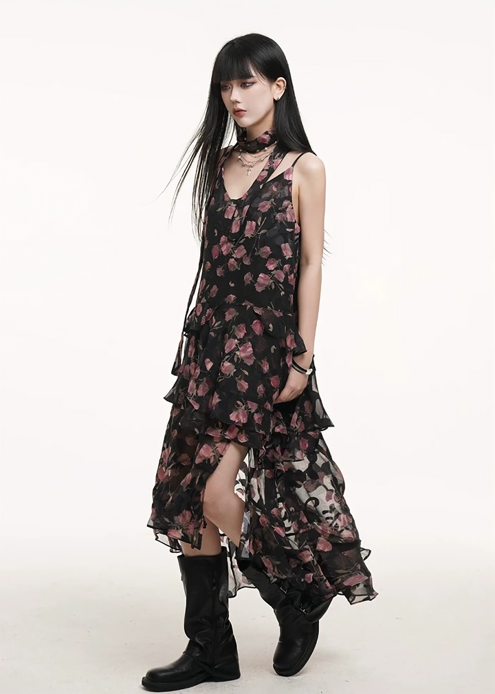 Rose print sheer cami dress / lg1262 