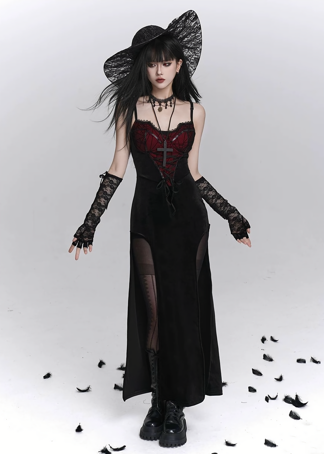 Crimson Web Lace-up Gothic Dress  & Cardigan  / LG1410