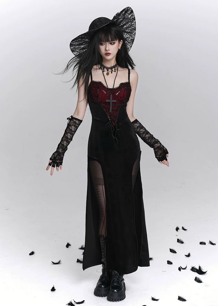 Crimson Web Lace-up Gothic Dress  & Cardigan  / LG1410