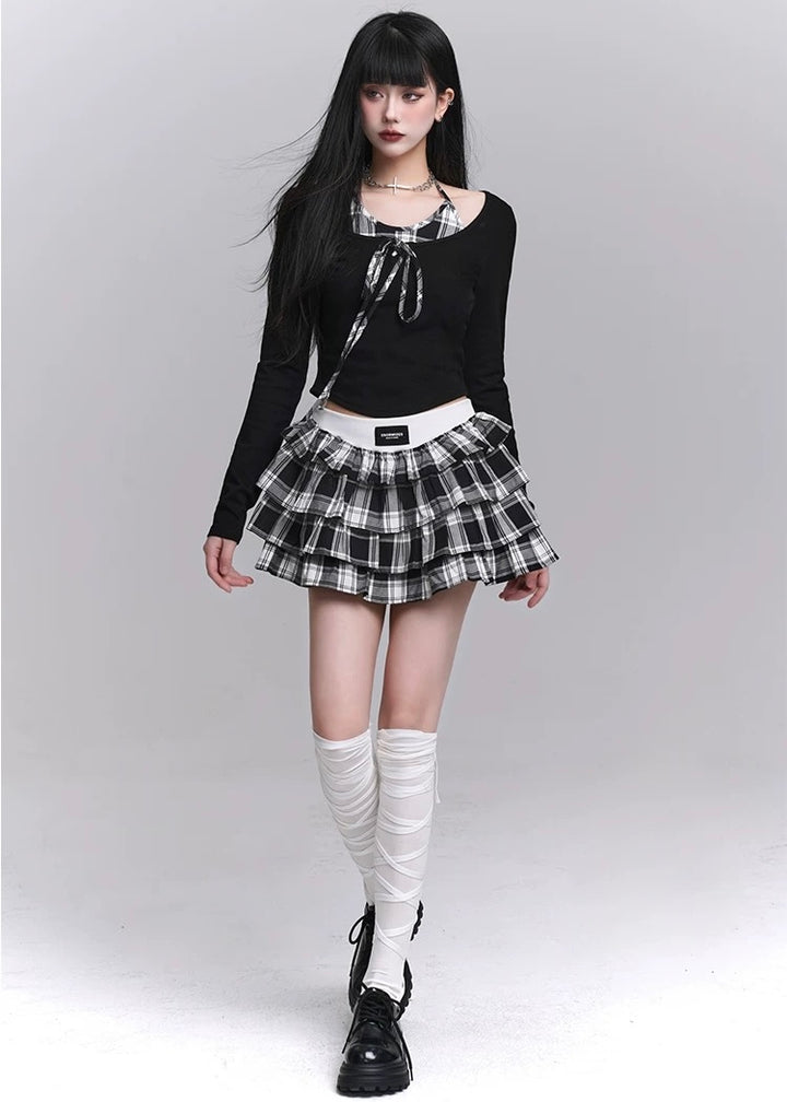 Checkered Tiered Mini Skirt Set / LG1221 