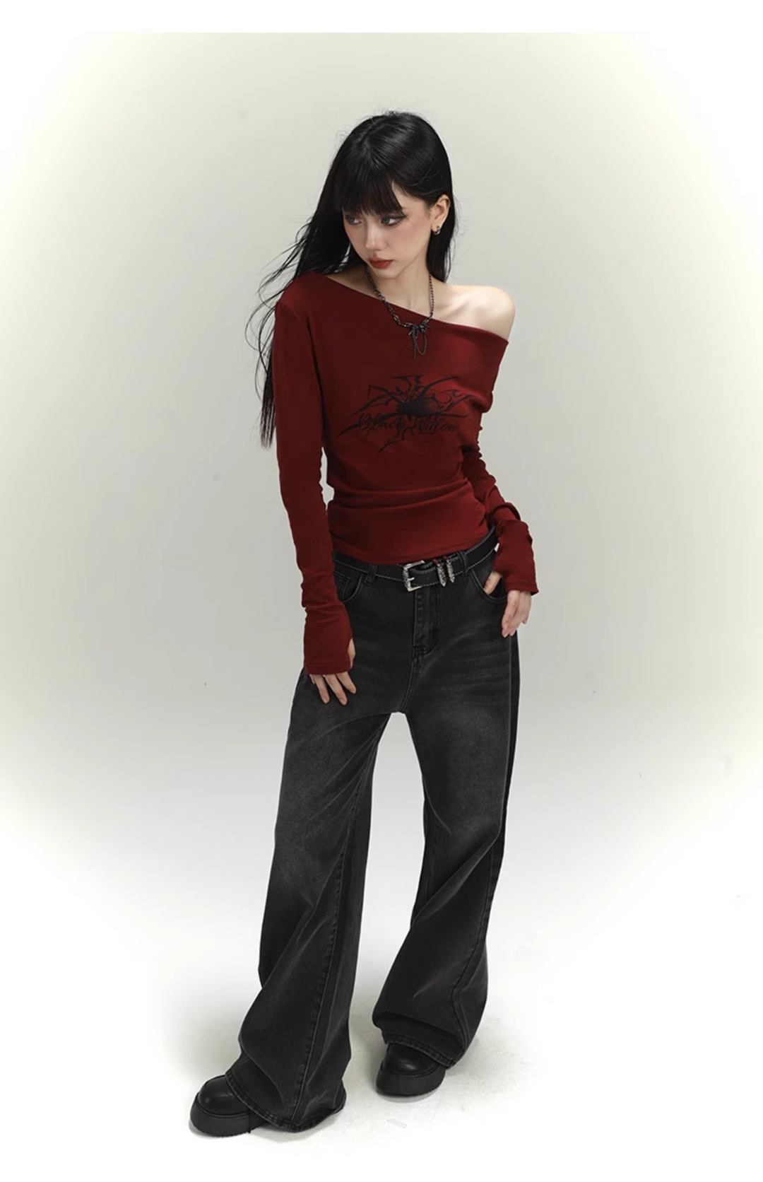 one shoulder long t-shirt/lg1106 &amp;retro wide leg jeans/lg1109 set