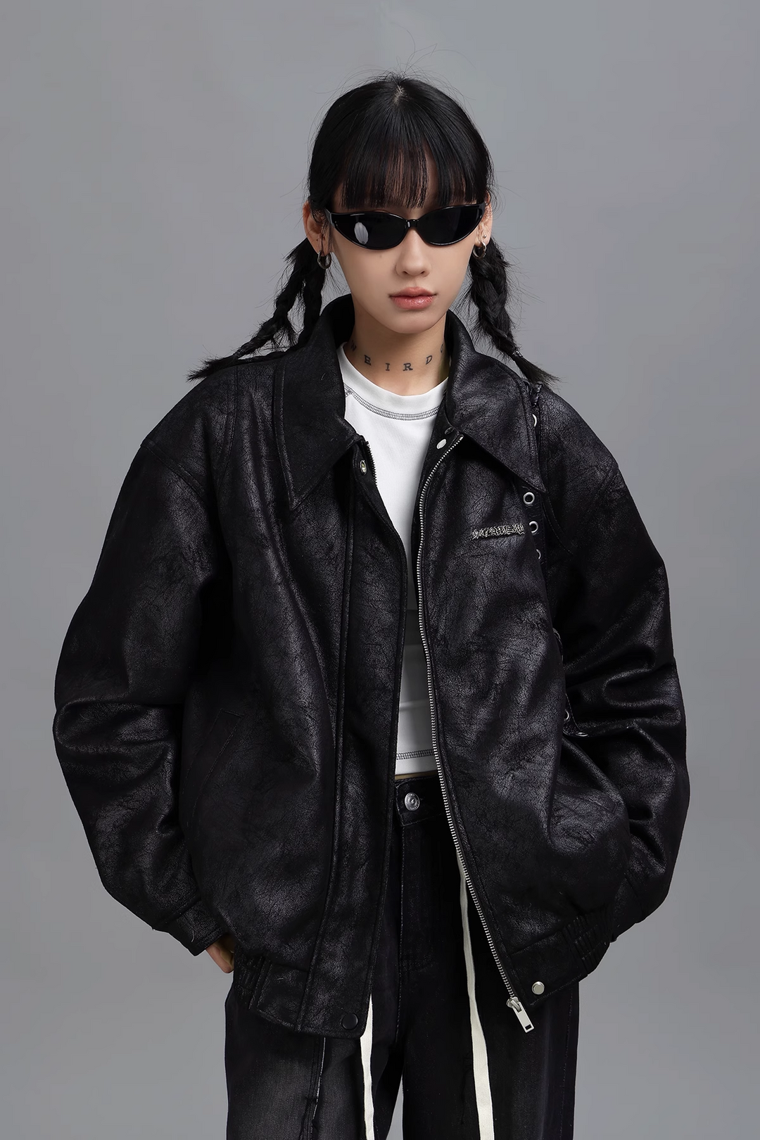 crack black padded short jacket / AS1113