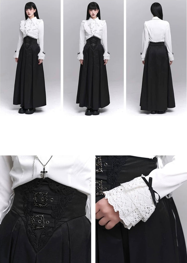 frill blouse &amp; high waist pleated long skirt / LG1224