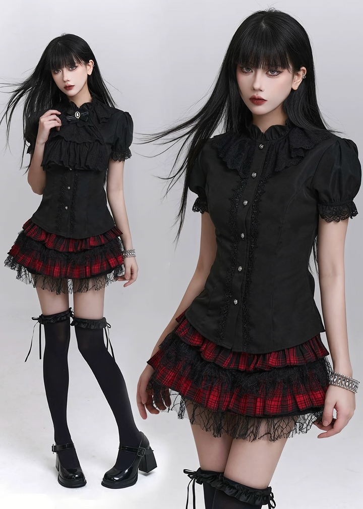 Lace-trimmed puff sleeve shirt / LG1301 