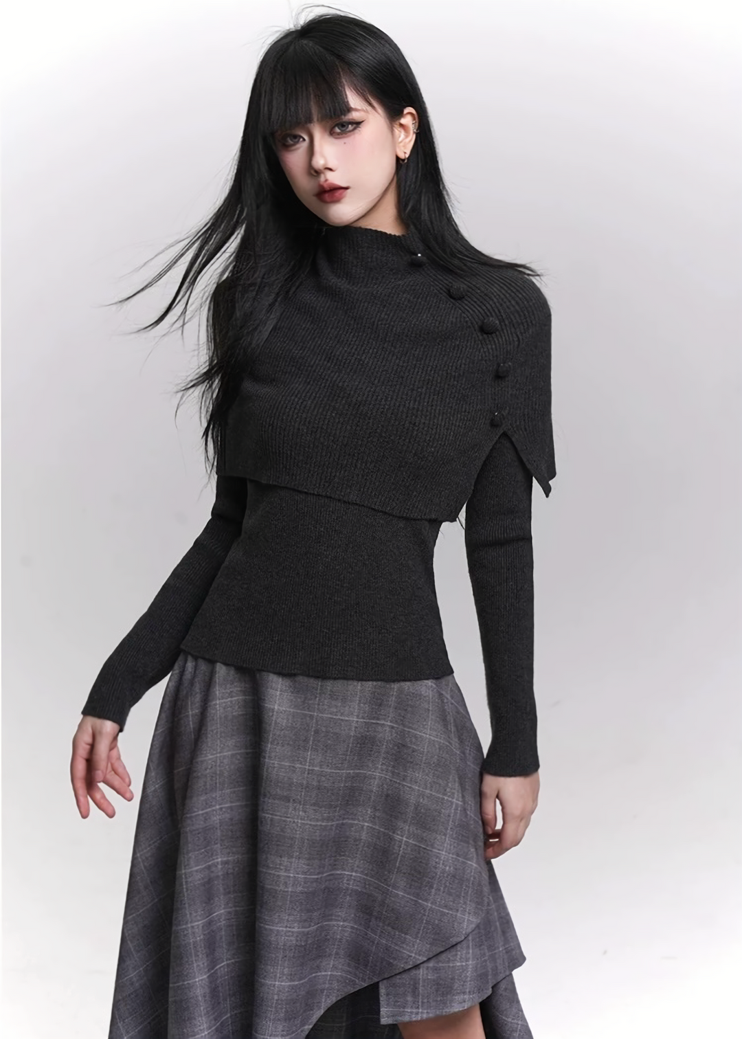 KNIT CAPE & FLARE-SLEEVE TOP SET / LG1467