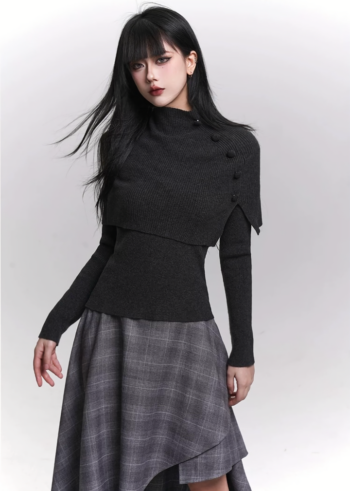 KNIT CAPE & FLARE-SLEEVE TOP SET / LG1467