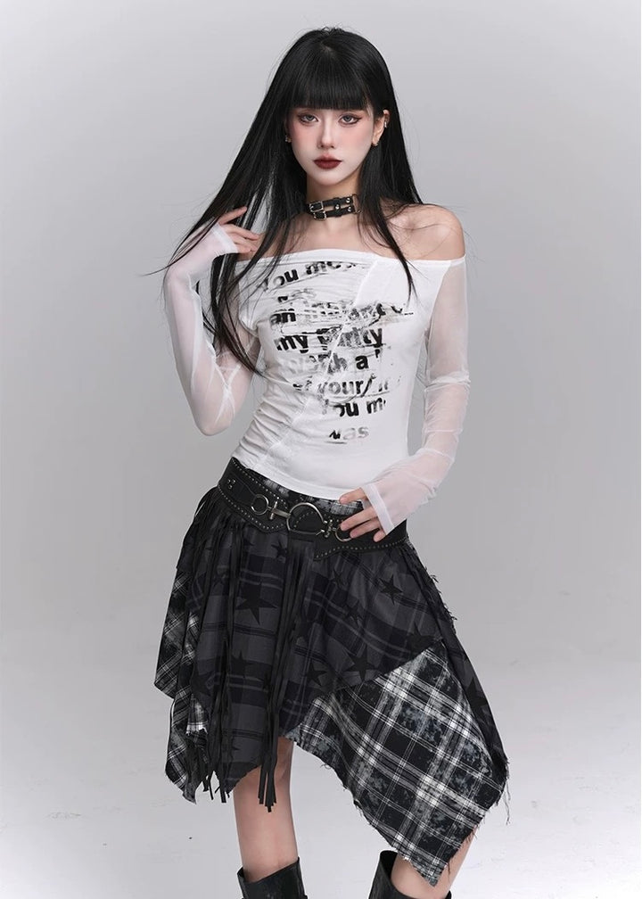 Print Off-shoulder Splicing Mesh Long-sleeved T-shirt / LG1219