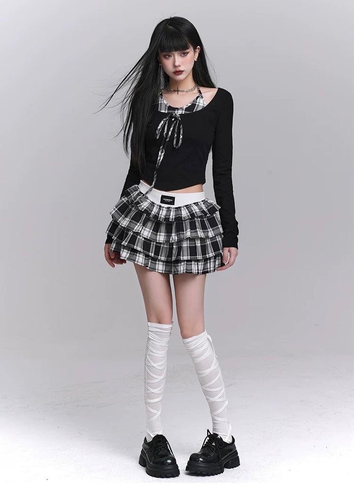 Checkered Tiered Mini Skirt Set / LG1221 