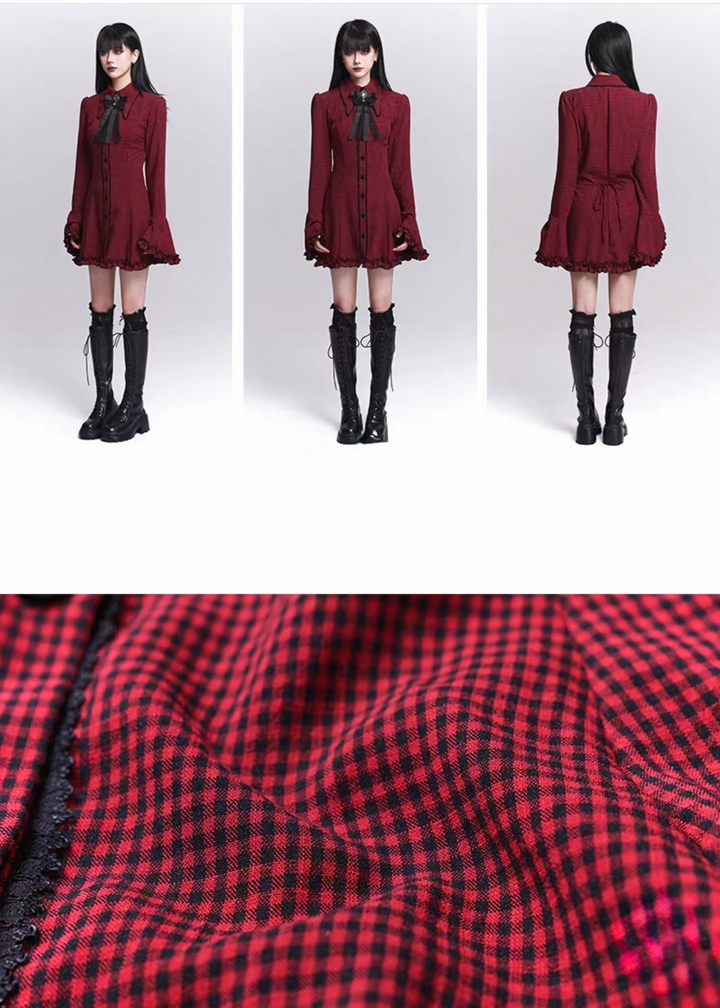 Flare Sleeve Check Shirt Dress / LG1518