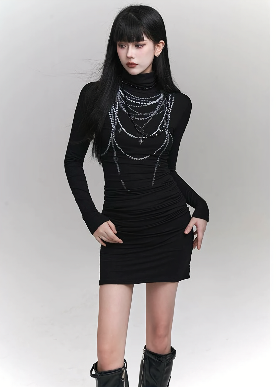 CHAIN DETAIL DARK LONG DRESS  / LG1420