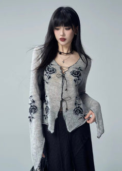 ROSE JACQUARD LACE-UP KNIT CARDIGAN / LG1721