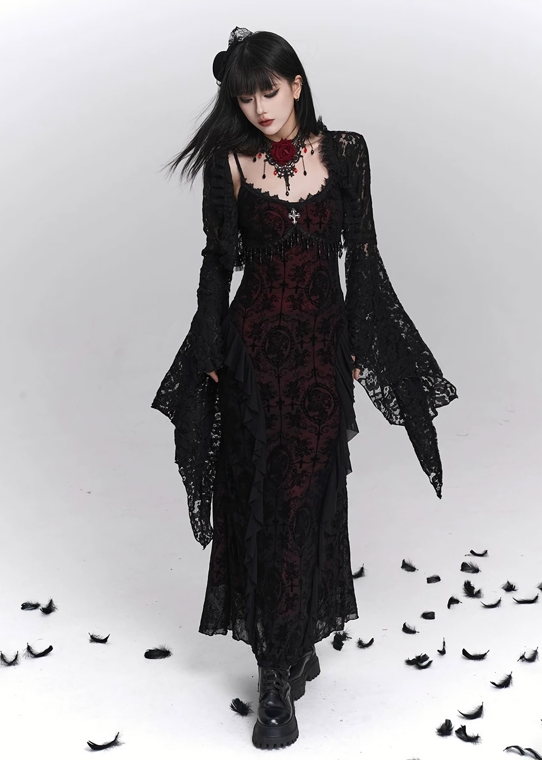 Dark rose long dress & Enchant lace cardigan / LG1401