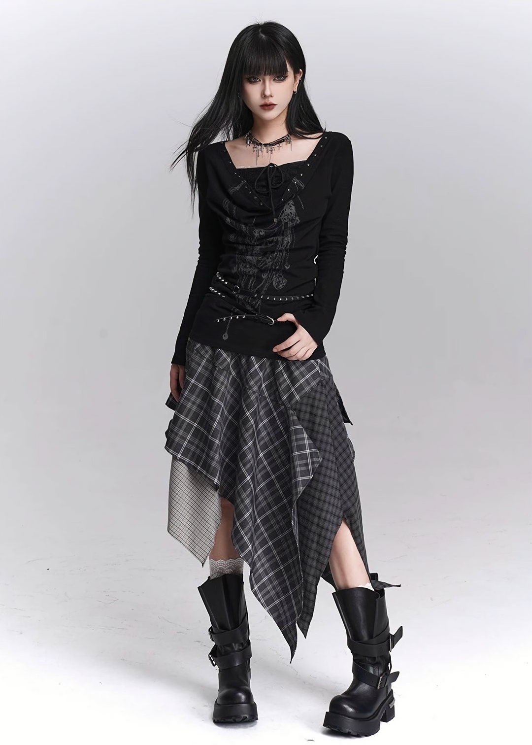 ASYMMETRY CHECK DRAPE SKIRT / LG1447