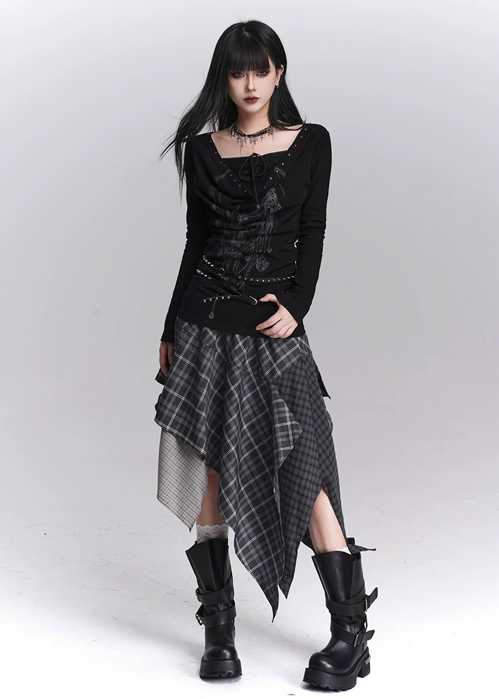 ASYMMETRY CHECK DRAPE SKIRT / LG1447