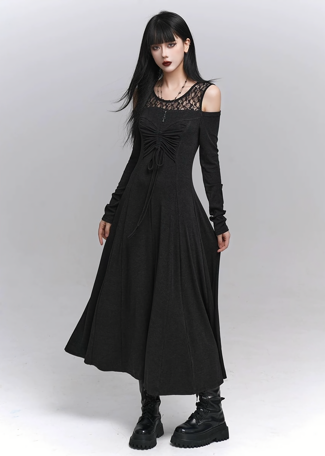 Lace-up Sheer Sleeve Long Dress / lg1336_e4r