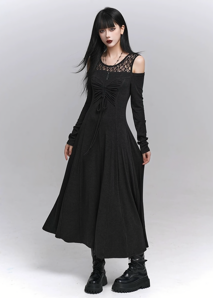 Lace-up Sheer Sleeve Long Dress / lg1336_e4r