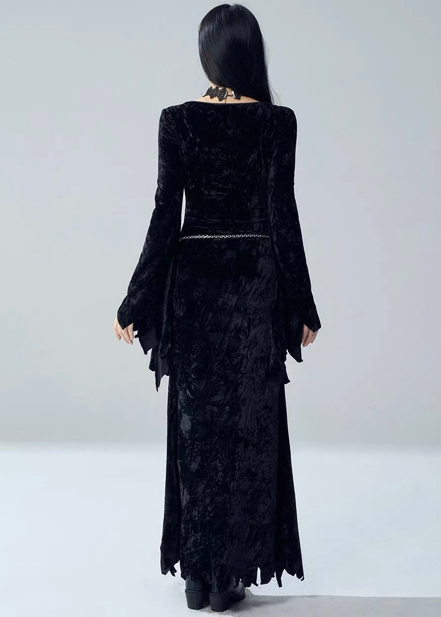 VELVET BELL SLEEVE SLIT LONG DRESS / LG1730