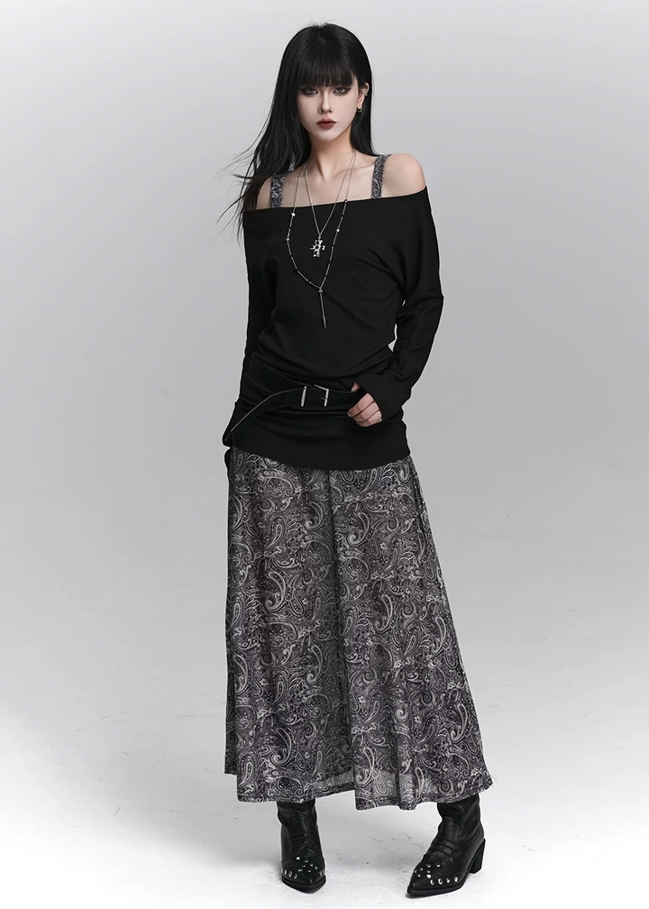 ASYMMETRY OFF-SHOULDER TOP &amp;amp; PAISLEY LONG SKIRT SET / LG1419_e4r
