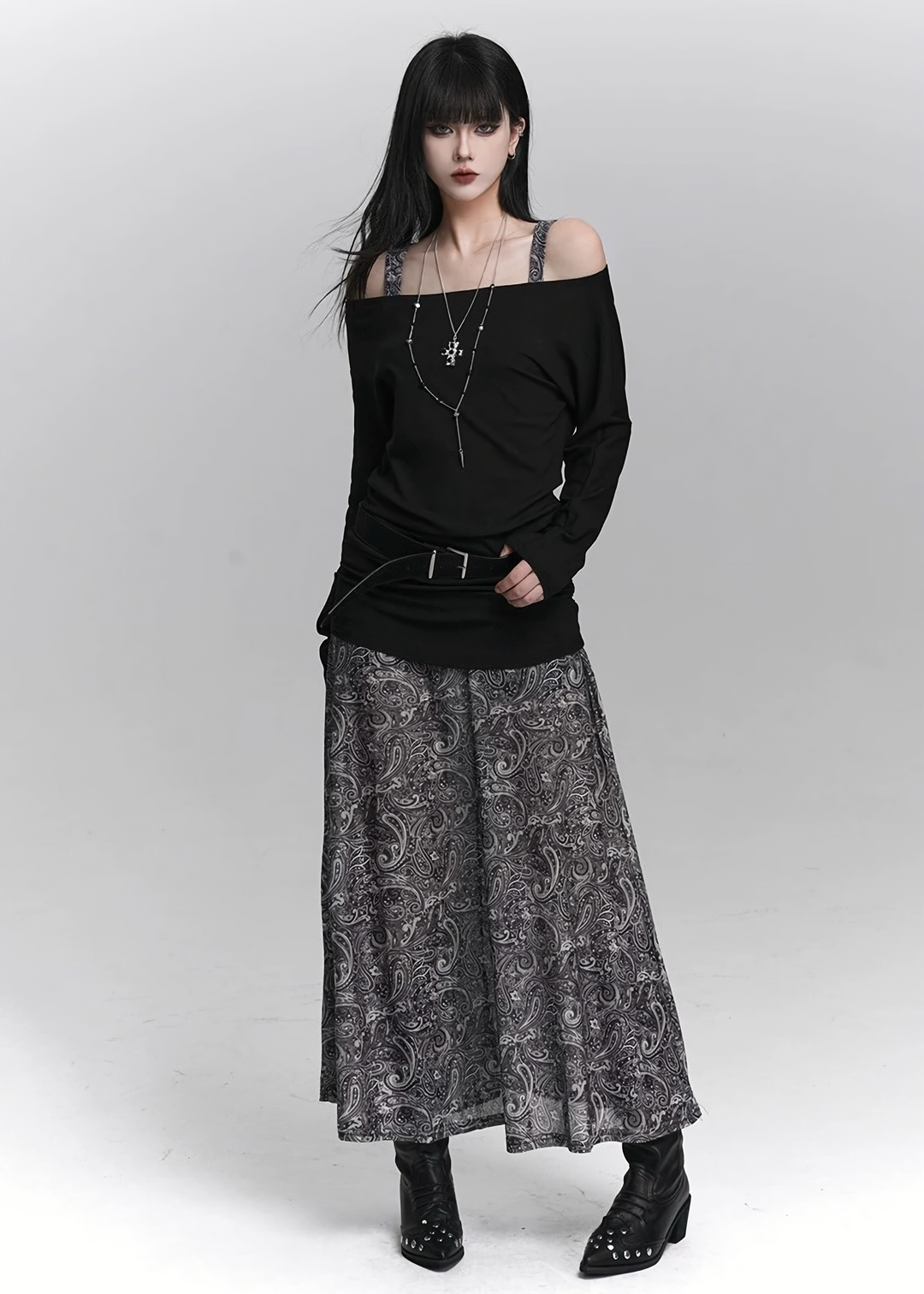 ASYMMETRY OFF-SHOULDER TOP & PAISLEY LONG SKIRT SET / LG1419_e4r