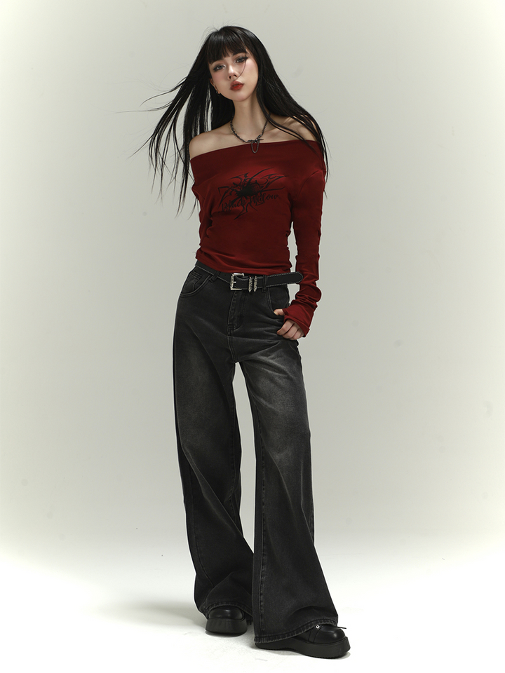 one shoulder long t-shirt/lg1106 &retro wide leg jeans/lg1109 set