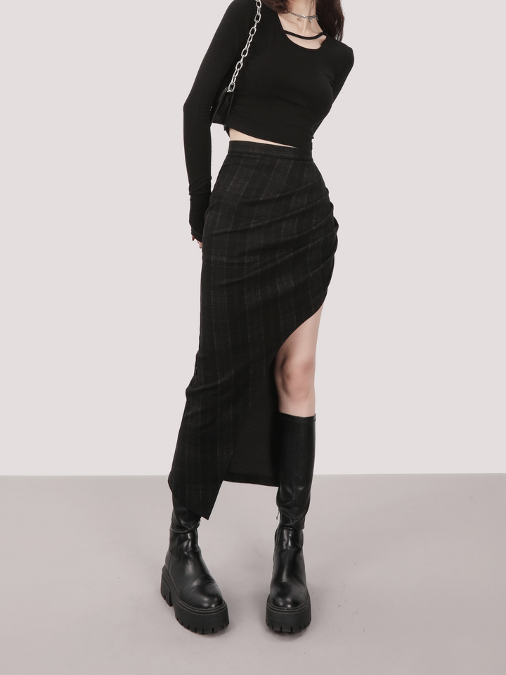 Irregular black check calf length skirt/mu1103