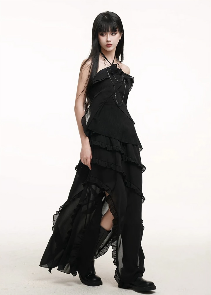 Halter neck suspender top &amp;amp; irregular hem long skirt / lg1264 