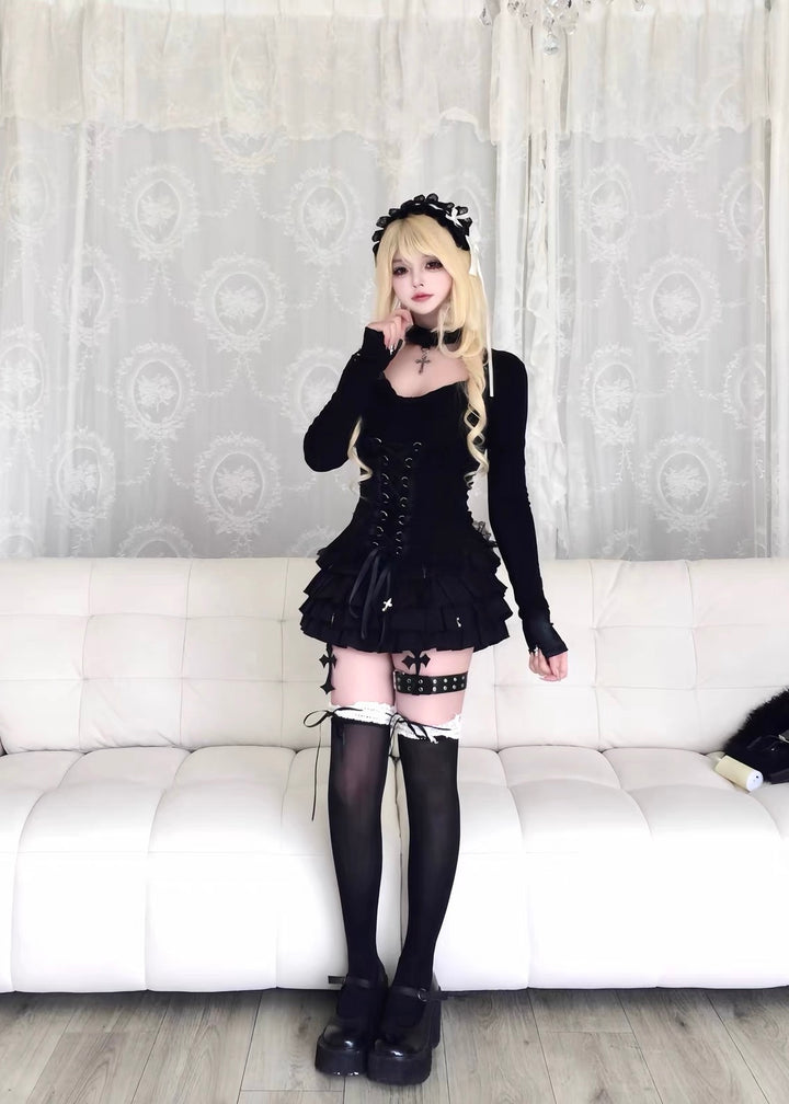 GOTHIC RIBBON CORSET LONG SLEEVE TOP / LG1676