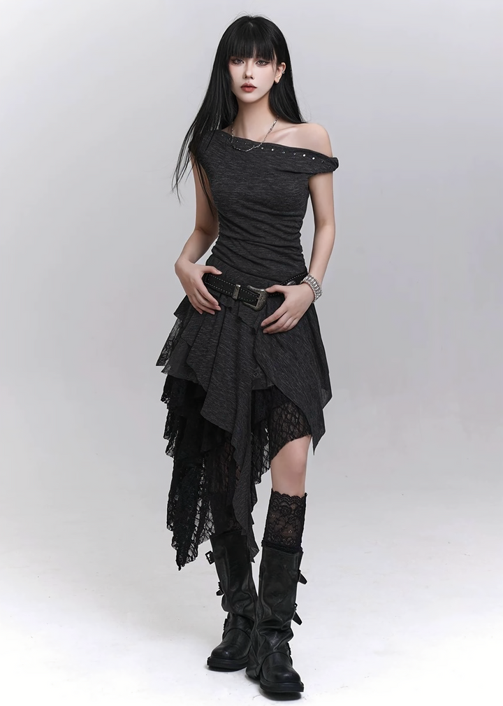 Asymmetrical layered off-shoulder dress / lg1318
