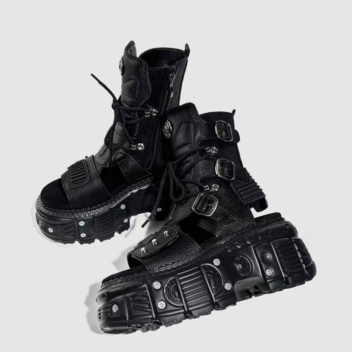 DARK TECH BUCKLE PLATFORM SANDAL BOOTS / V1174