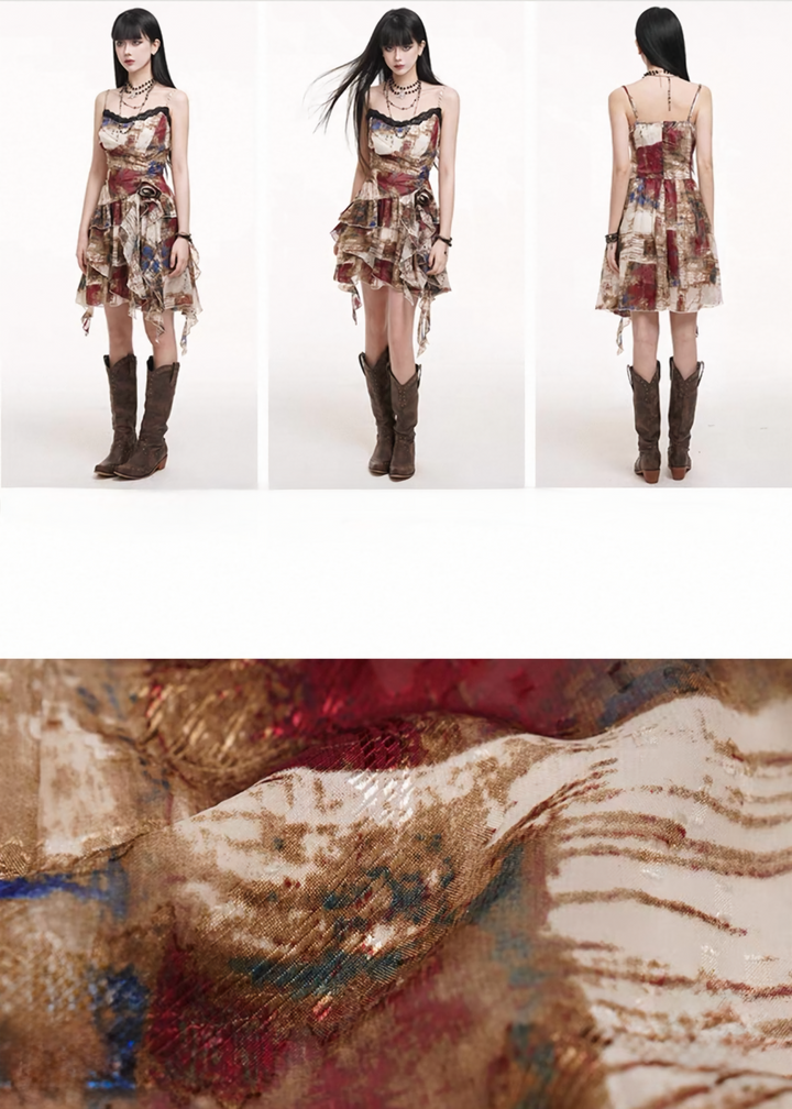 Art Print Frill Cami Dress / lg1320 