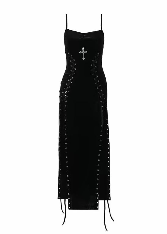 DARK VELVET CORSET SLIT LONG DRESS / LG1576