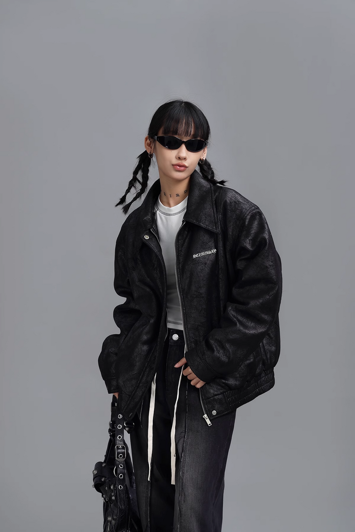 crack black padded short jacket / AS1113