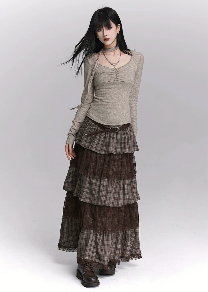 TIERED CHECK LACE LONG SKIRT/LG1415