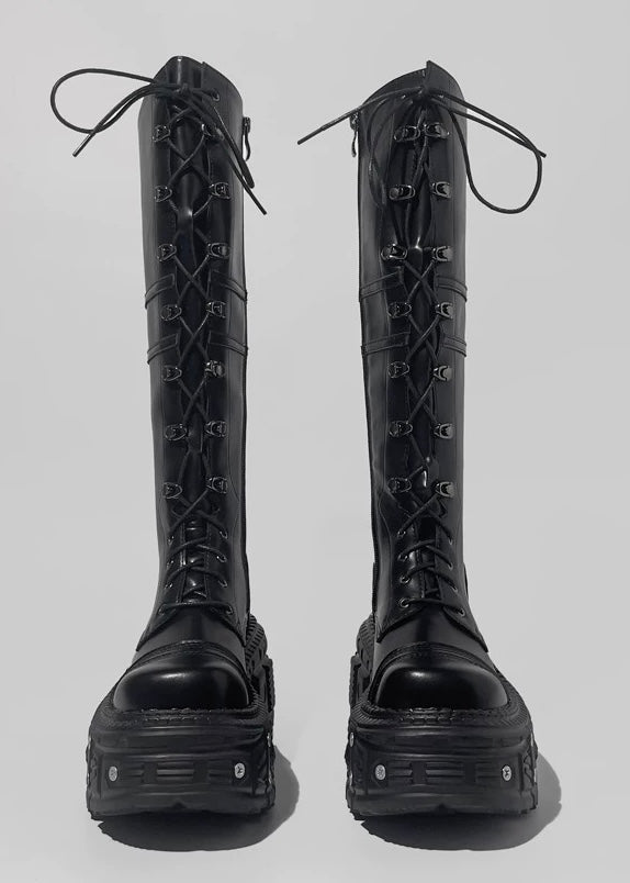 Black platform lace-up long boots / V1101