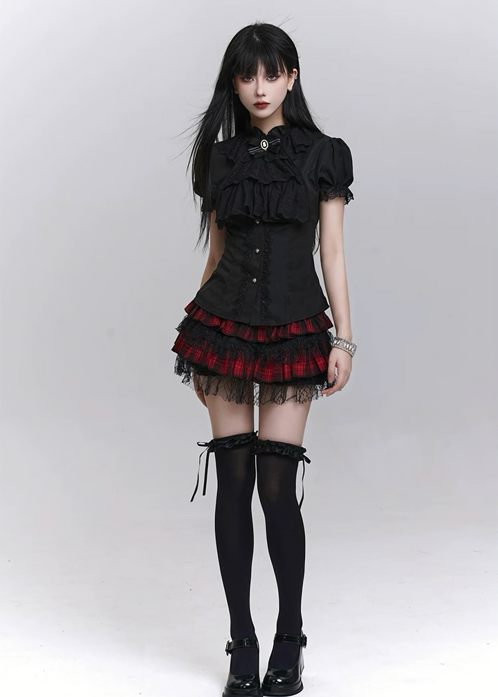 Lace-trimmed puff sleeve shirt / LG1301 