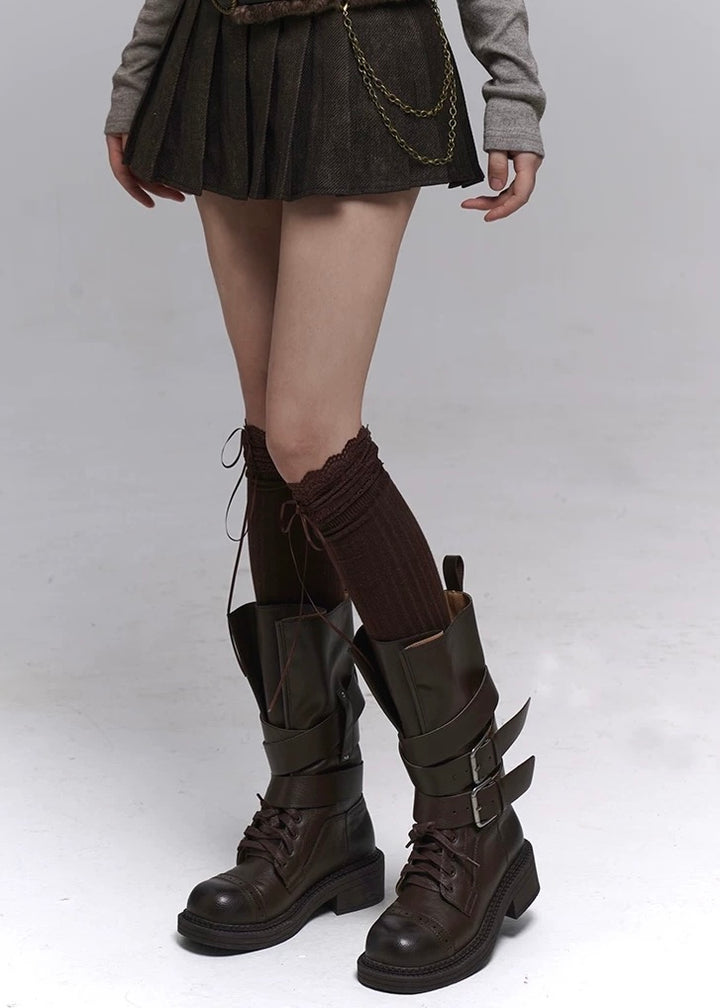 Double belt high-top lace-up boots / v1152