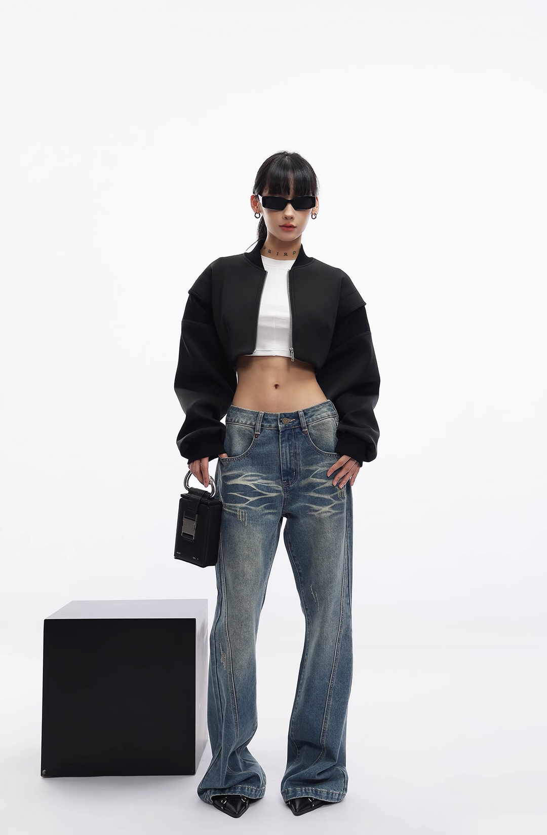 loose wash micro flare jeans/as1110