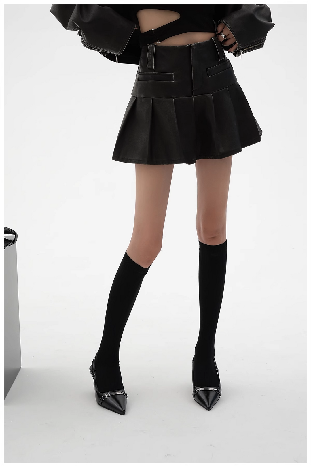 pu leather pleated skirt/sr1103