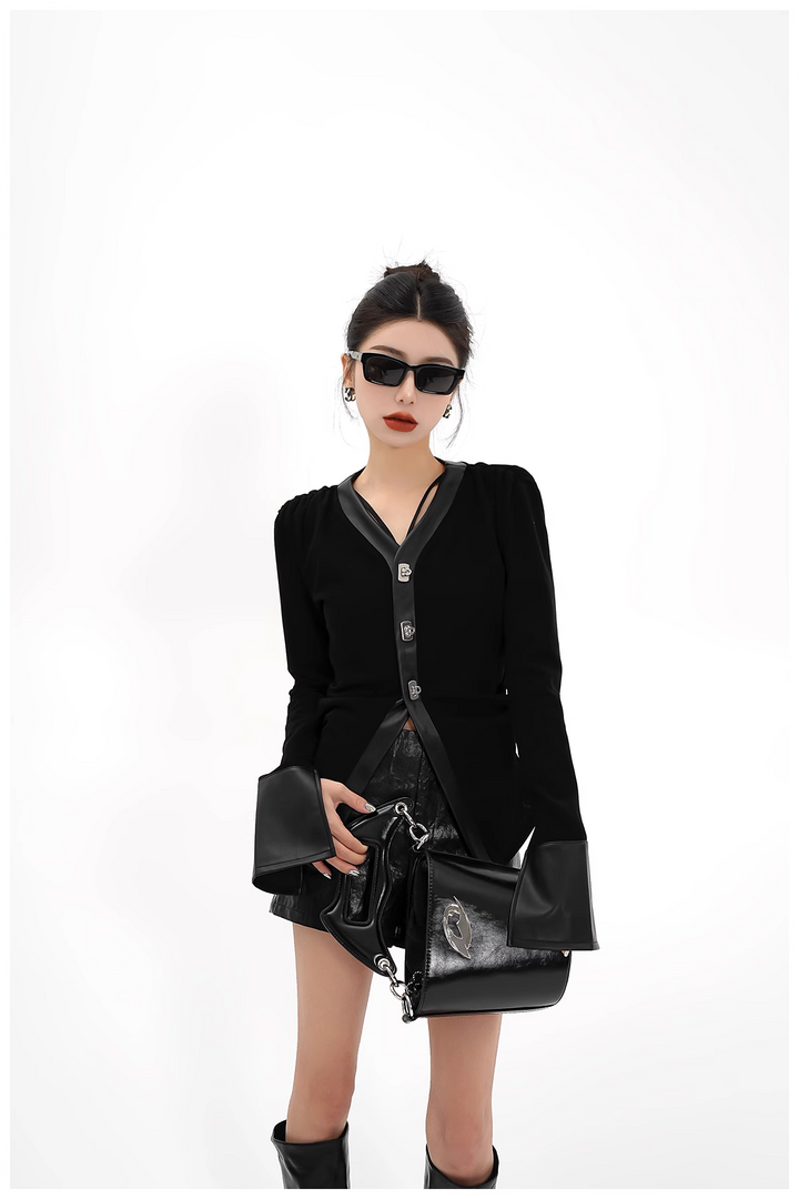 patchwork leather colorless cardigan/sr1112