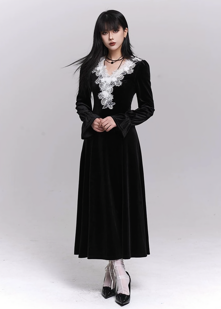 VELVET LACE V-NECK LONG DRESS / LG1505