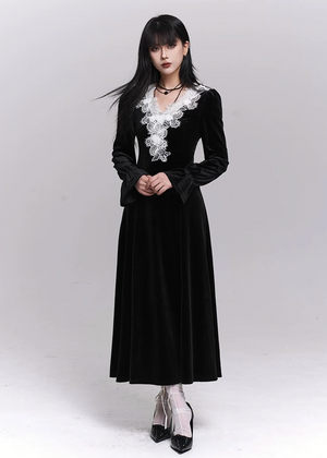 VELVET LACE V-NECK LONG DRESS / LG1505