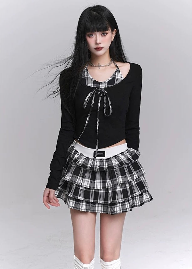 Checkered Tiered Mini Skirt Set / LG1221 