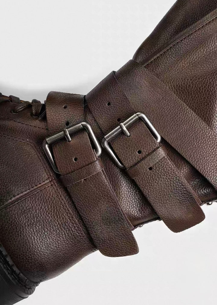 Double belt high-top lace-up boots / v1152