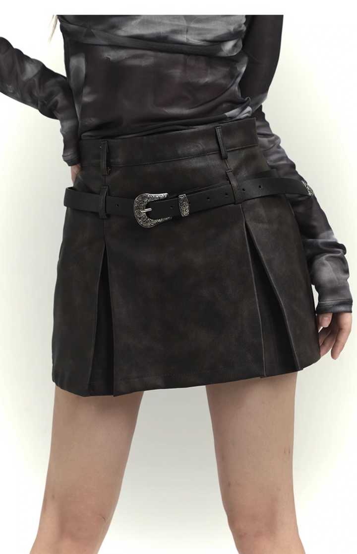 retro high waist leather short skirt / LG1105