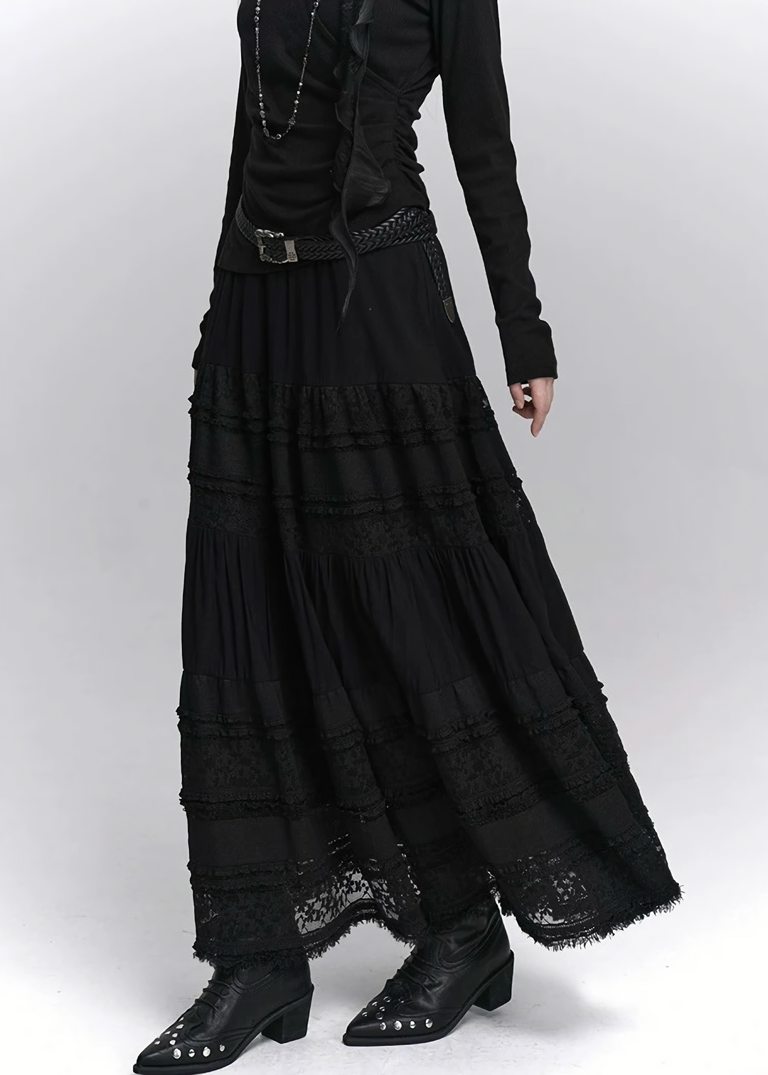 LACE TIERED LONG SKIRT / LG1412_e4r
