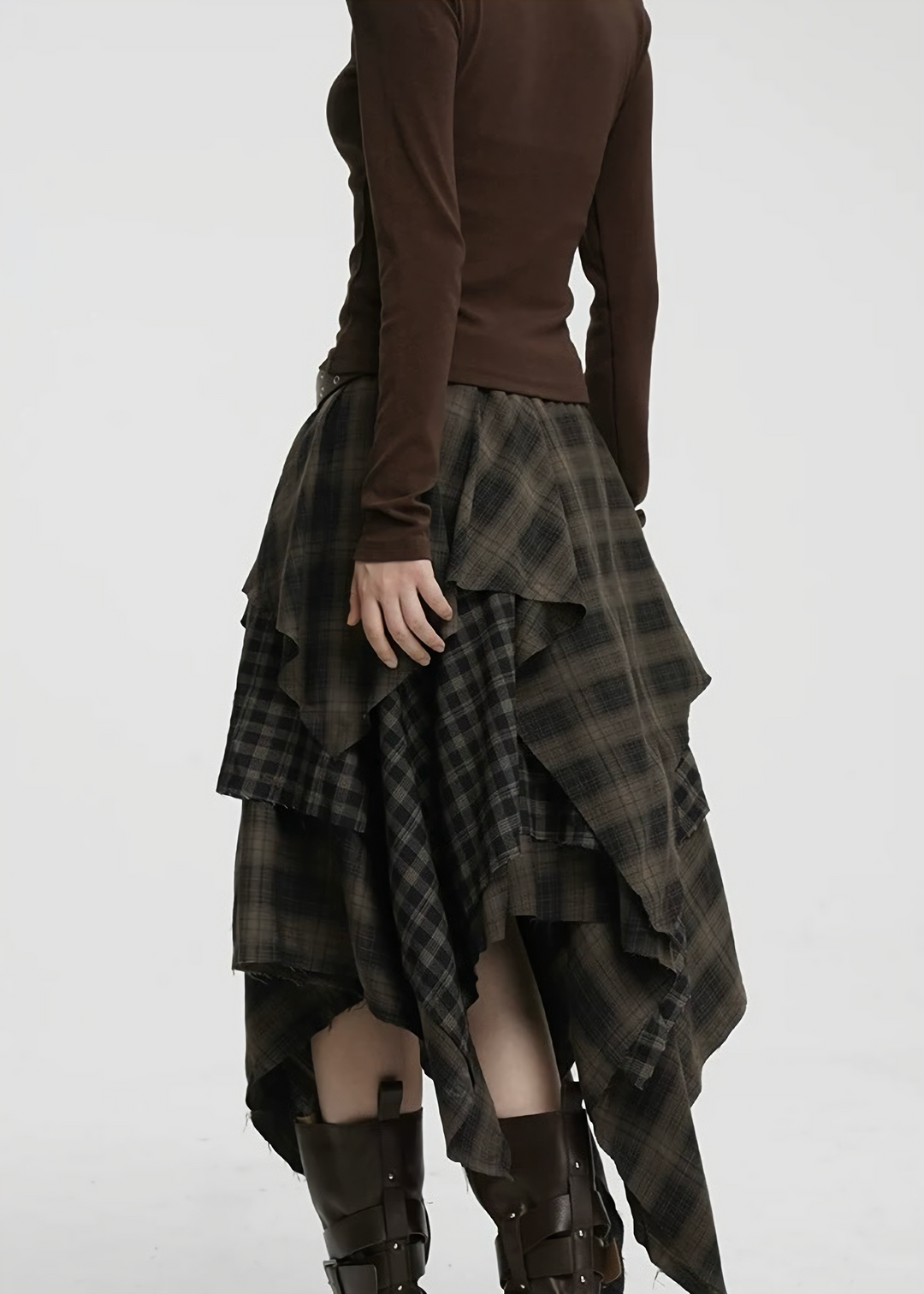 ASYMMETRIC CHECK DRAPE SKIRT / LG1424